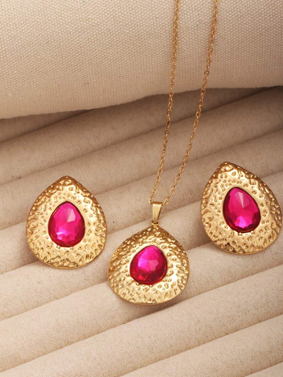 3pcs Teardrop Fuchsia Stainless Steel Minimalist Luxurious High-End Earrings & Necklace Jewelry Set, Suitable For Daily, Party, Holiday Gifts