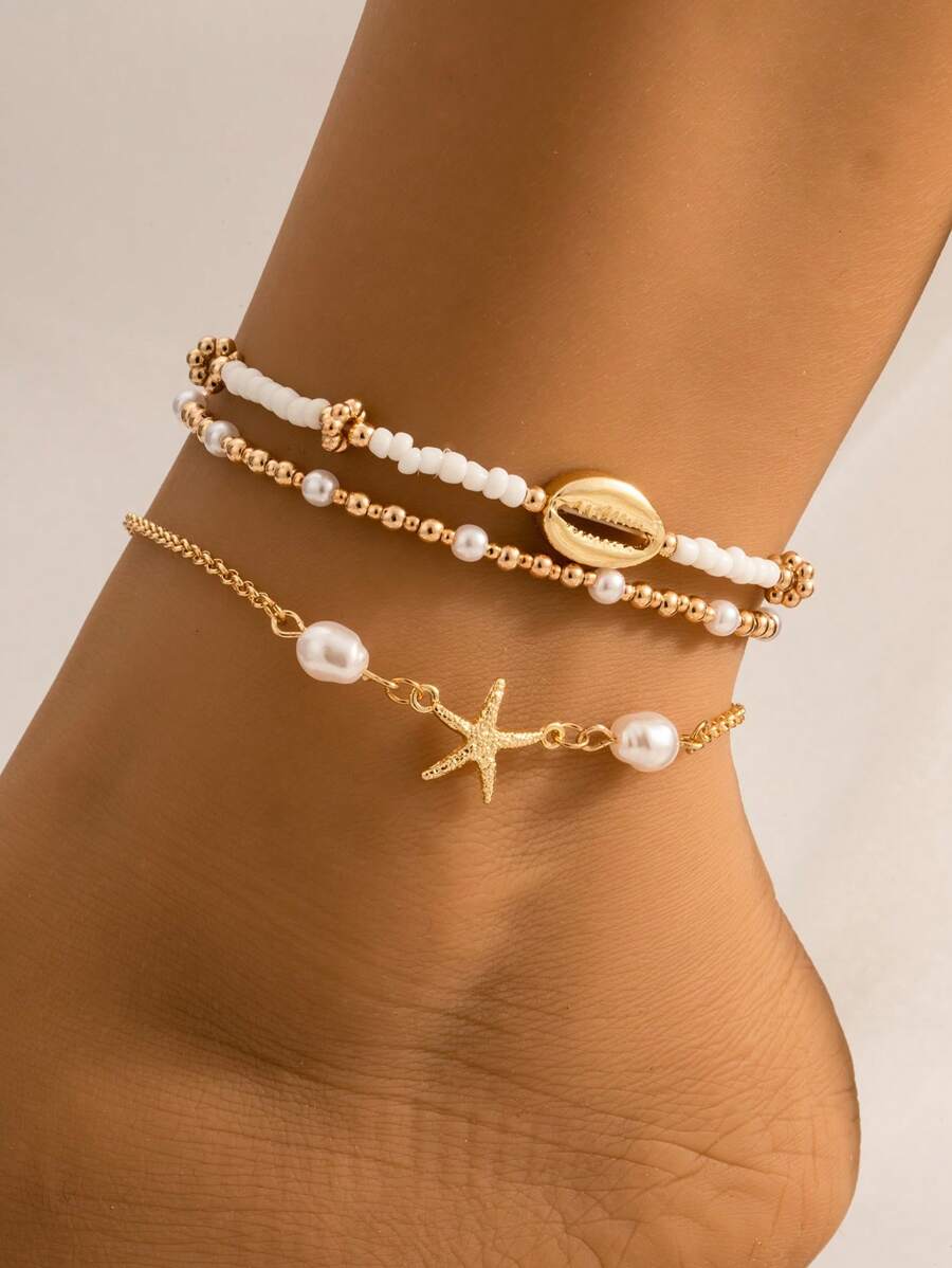 3 pièces/Set Bracelet de cheville à pompon avec pendentif circulaire ton or simple avec perles, convient pour un port quotidien et les vacances
