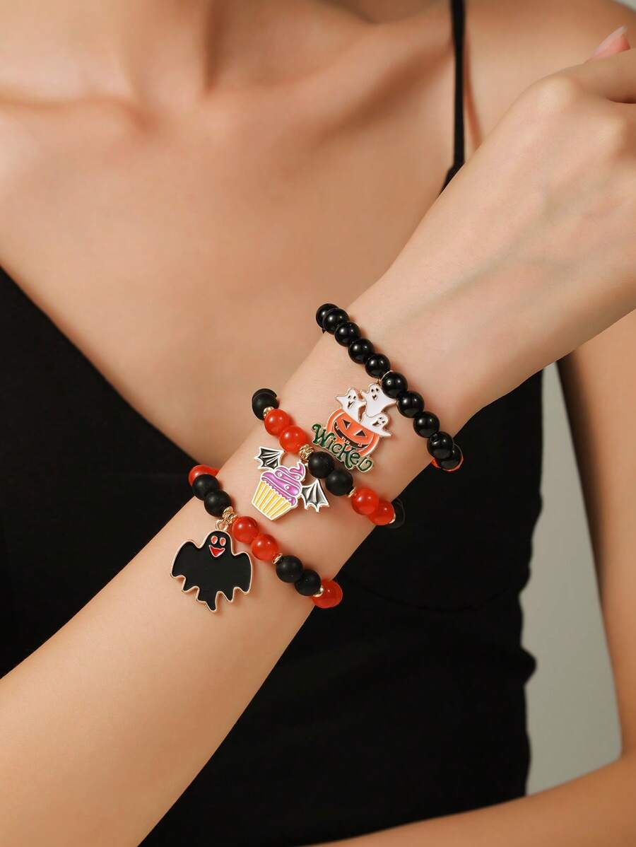 3 peças/Conjunto Pulseira Gótica de Halloween, Conjunto de Pulseira com Pingente de Vidro, Acrílico, Zircônia Cúbica em Formato de Abóbora, Fantasma, Lápide, Cruz, Gato Preto, Teia de Aranha, Milho de Doce, Adequado para Homens e Mulheres, Uso Diário, Festa de Halloween, Presente de Festival