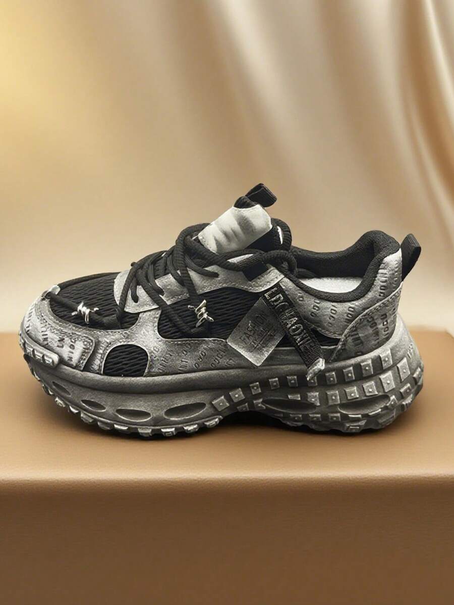 Men's Retro Chunky Sneakers With Tire Tread Sole, Distressed Design, Non-Slip And Durable For Outdoor, Sports, Training, Breathable Leather & Mesh Upper, Fashionable Casual Shoes For Daily, Commuting, Streetwear