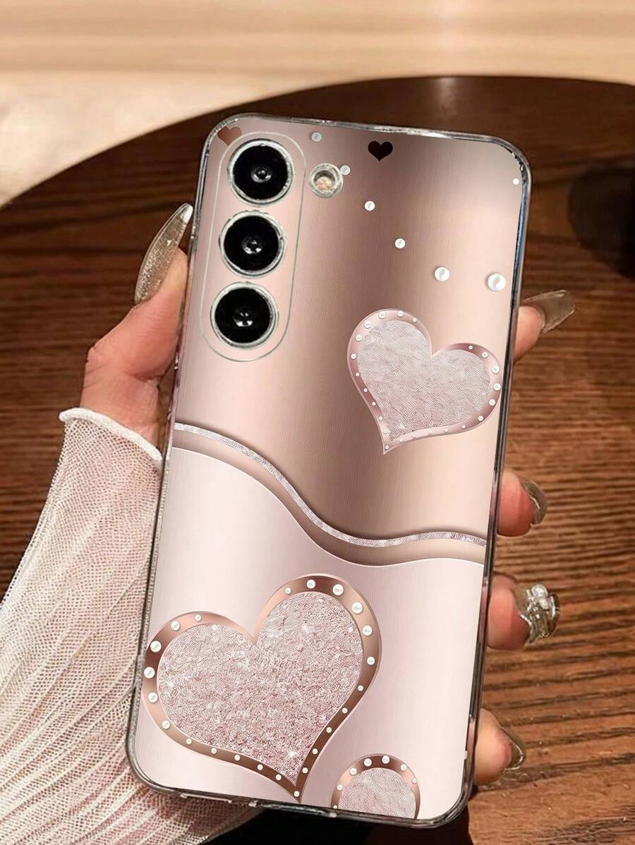 1pc Glitter Diamond Heart Transparent Soft Phone Case, Compatible With Samsung Galaxy A04e/12/A13/A14/A34/A50/A52/A53/A54/S21/S22/S23/S24/S25/S25Ultra, Flat Print Pattern, Not Moissanite