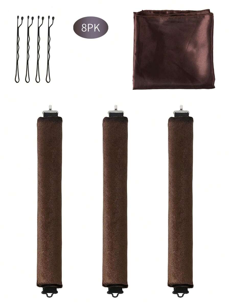 8Pcs Heatless Hair Rollers Scarf Bobby Pins Set, Velvet Heatless Overnight Hair Curling Set , Large Satin Light Brown Rods For Blowout Curls, Headband Hair Curlers & Hot Rollers, No Heat Styling Tools With Headband Wrap For Long Hair, To Sleep In, High Resilience Rubber Filling, Softer (Lt Brwon),Hair Accessories