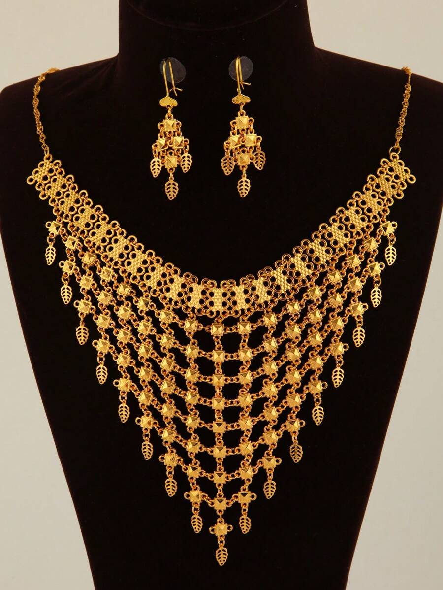 3pcs Exaggerated Personalized Geometric Floral Leaf Pendant Tassel Necklace And Earrings Jewelry Set, Suitable For Dubai & Vietnam Bride Wedding