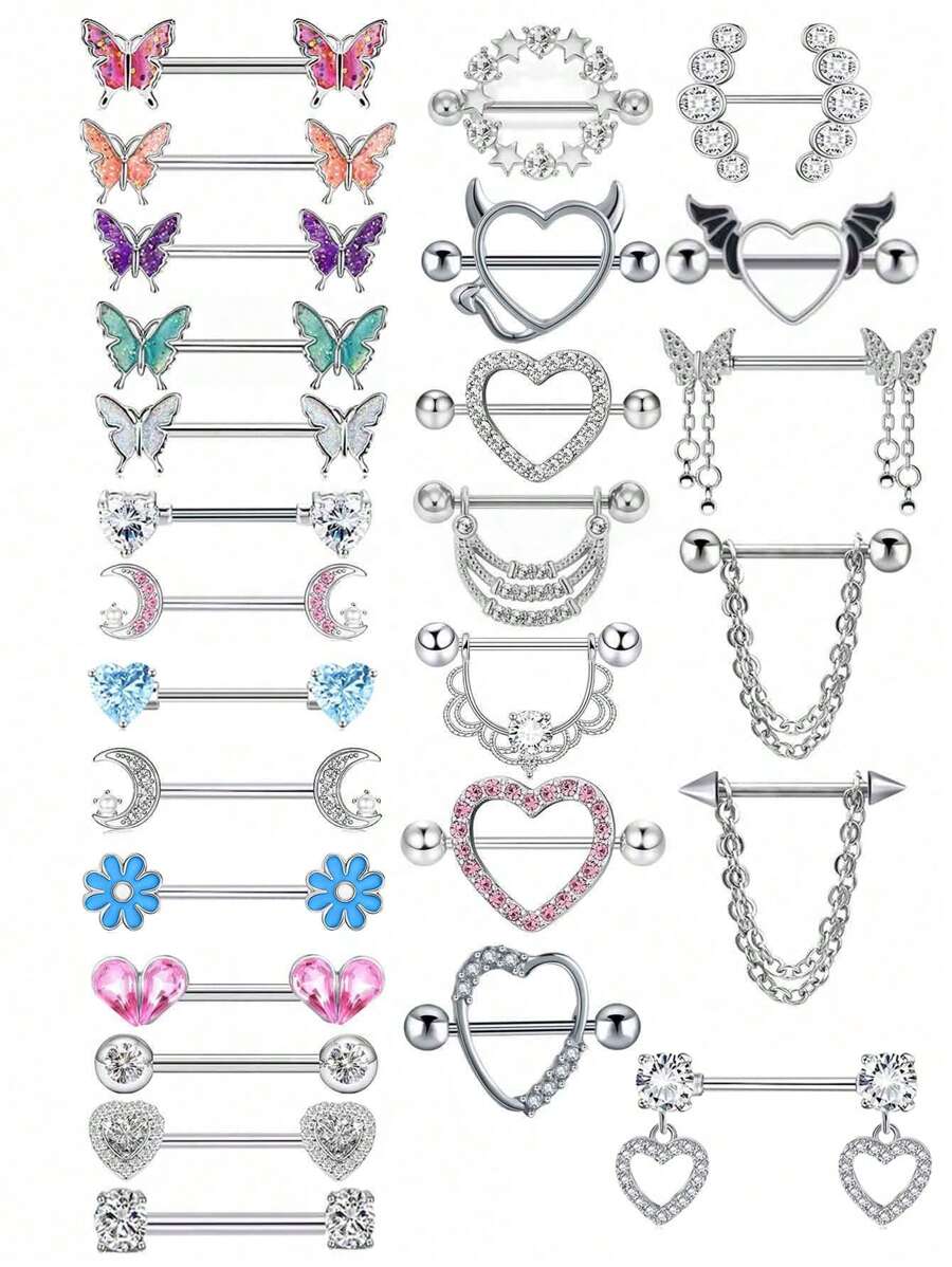 2 piezas Anillos para el pezón de 14G para mujeres, set de anillos para el pezón con barra de 16mm de acero quirúrgico con corazón de circonita y mariposa, joyería de piercing corporal lindo para San Valentín, Mamá, Madre, Día de la Madre, regalo