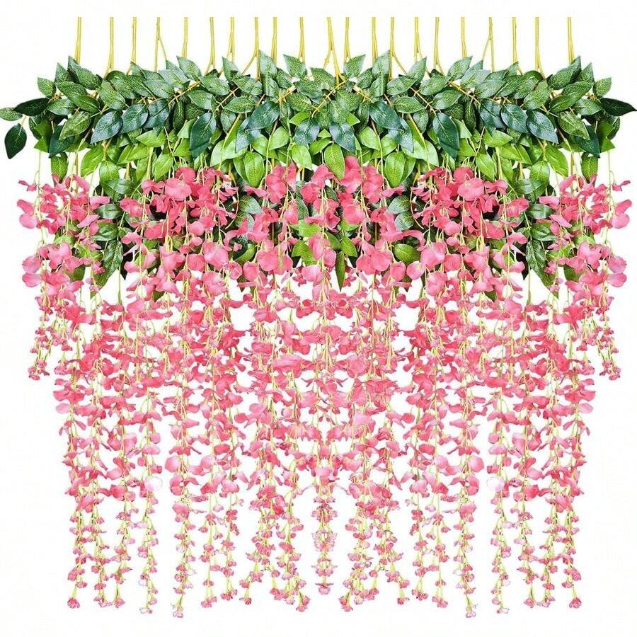 12 Pack 1 Piece 3.6 Feet Artificial Flowers Vines Artificial Fake Wisteria Vine Ratta Hanging Garland Silk Flowers String Home Party Wedding Decor (Pink)