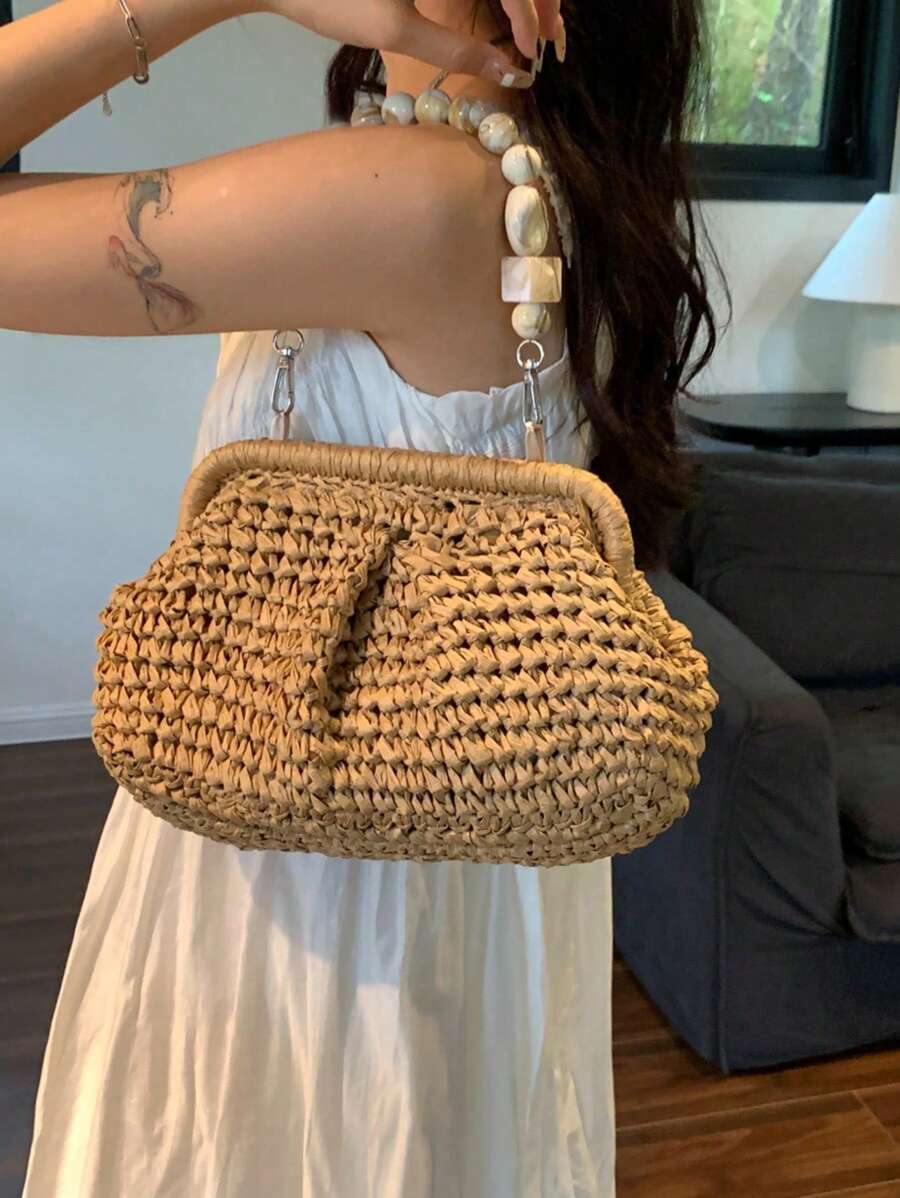 Bolsa de Ombro de Tecido de Palha de Cor Sólida para Praia e Viagens Casuais para Mulheres, Design Minimalista, Bolsa de Férias na Moda para o Verão