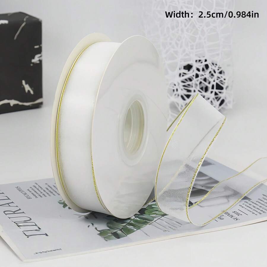 2.5 Cm / 0.984 Inches Gold Trimmed Yarn Ribbon Ribbon Decorative Ribbon,Gift Box Tie,Bouquet Decoration,Wedding Bouquet Tie,Gift Decoration Material,Headdress Bow,DIY Handmade Material,Cake Box Decorative Ribbons, Venue Decoration