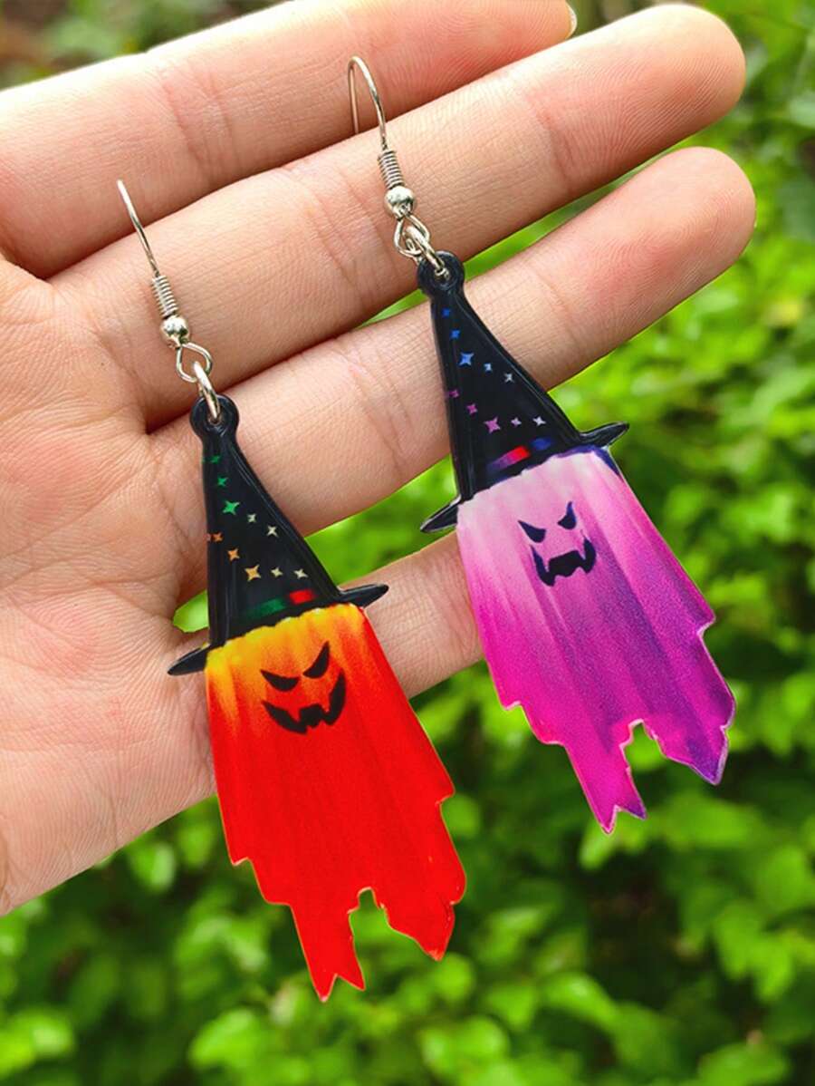 1 Pair Halloween Ghost & Wizard Hat Acrylic Pendant Earrings, Double-Sided Print, Spooky Festival Decor Earrings