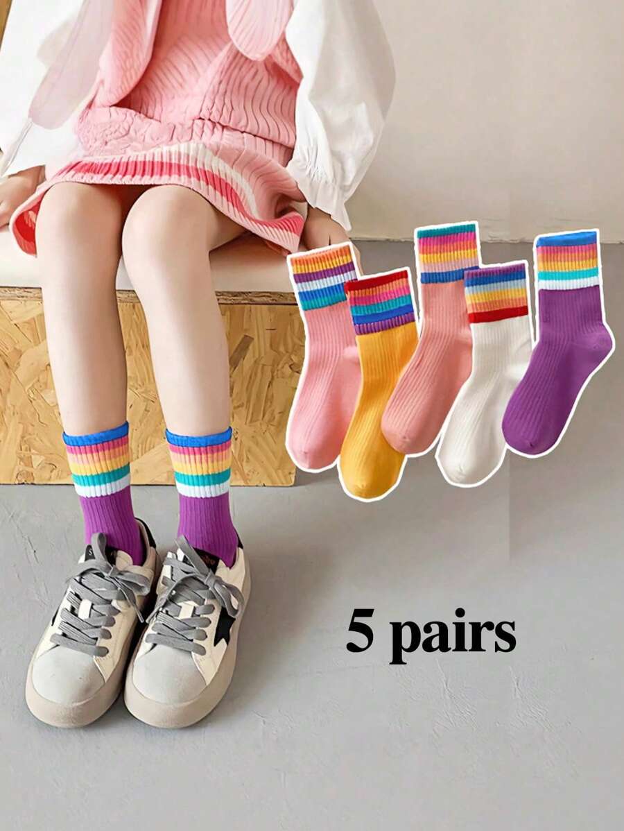 5 paia di calzini a collo tondo per bambini per primavera, autunno e inverno. Spessore medio, elastici, a righe arcobaleno, calzini da ragazza dopamina