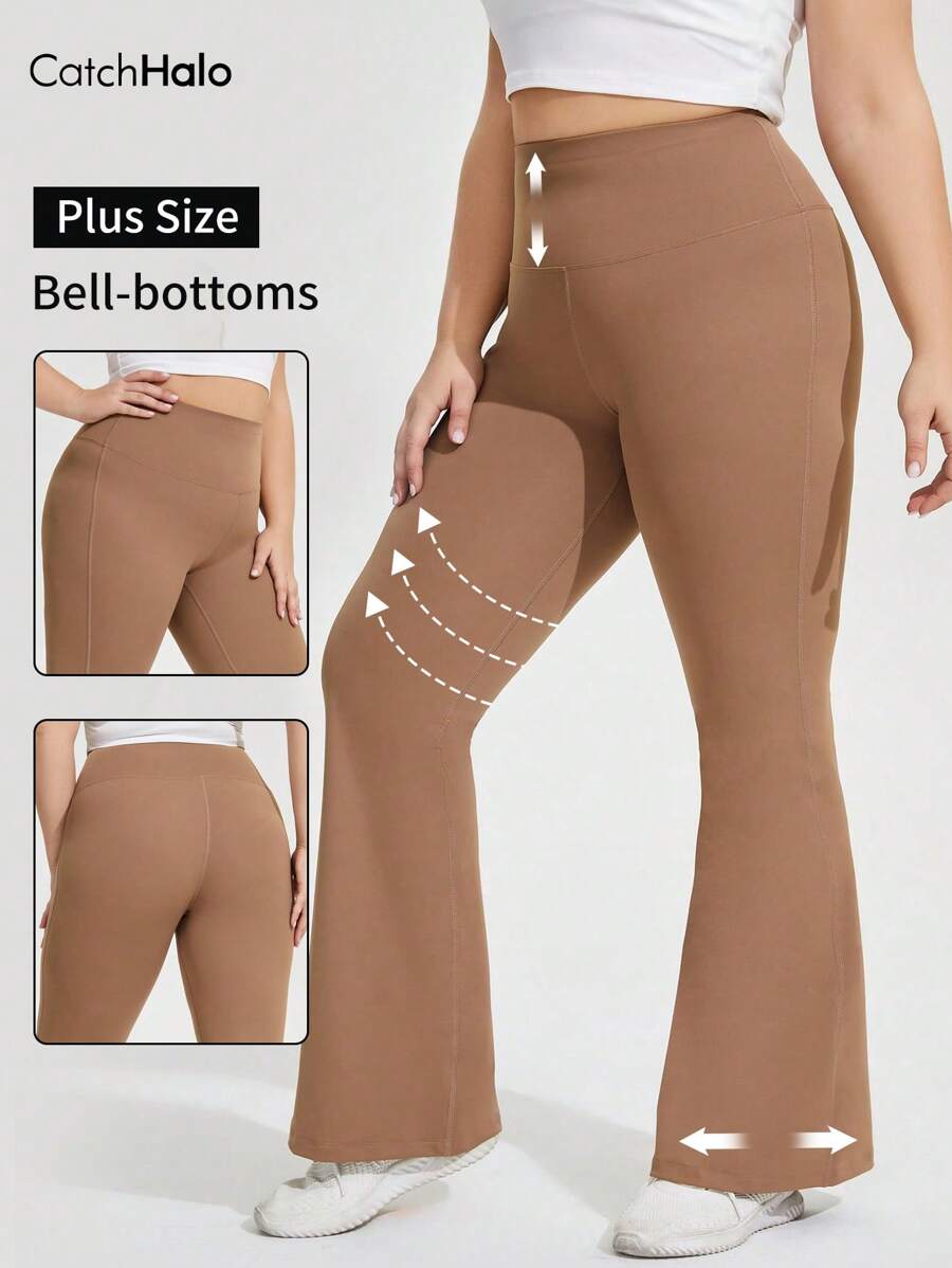 Catch Halo 4-Way Stretch Plus Size Flared Workout Leggings - Tummy Control High Waist & Booty Lifting Yoga Pants For Curvy Women | Breathable Quick-Dry Fabric For Workout, Gym, Yoga, Pilate (Khaki, 0XL~4XL)