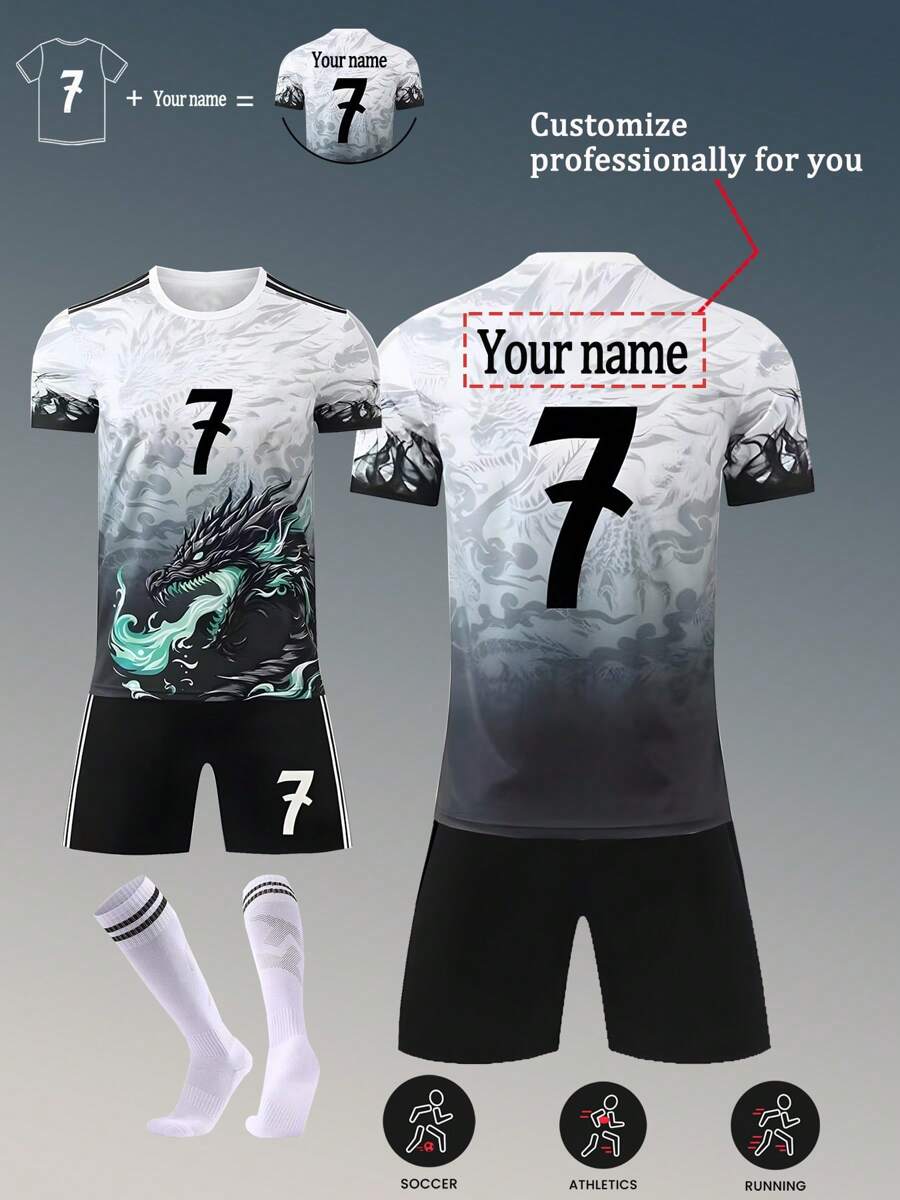 Kids Customizable New Real Madrid Commemorative Soccer Jersey Set #7, Polyester & Spandex Round Neck Top With Slight Stretch, Black & White, Unisex, Suitable For Soccer Parties, Weekend Leisure, Running, Yoga, Hiking - Spring/Summer Sportswear, Suitable For Outdoor Activities,Multi-Functional,Ornamental,Letter,Stylish,Modern,Colorful,Cute,Adorable,Casual,Custom,Personalised,Unique,Customized,Ideal Gifts For Him,Ideal Gifts For Her