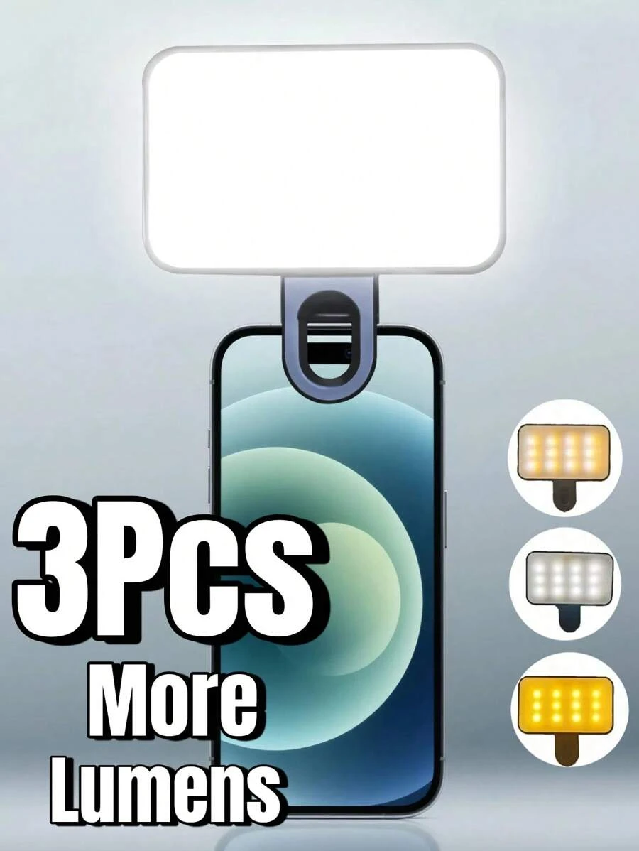 3 piezas Luz de anillo de selfie ajustable de 3 colores, adecuada para teléfono móvil, cámara, videoconferencia, luz de relleno para transmisión en vivo, computadora portátil, maquillaje y selfie con clip, lámpara LED mini portátil, recargable por USB