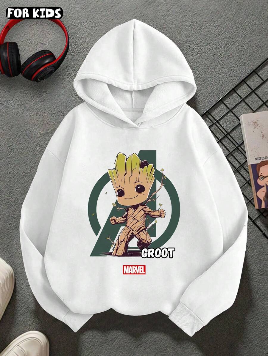 Marvel Ragazzi, ragazze, adolescenti, casual primavera/autunno, tinta unita, logo Avengers, sfondo, carino albero uomo Groot, felpa con cappuccio a maniche lunghe con stampa grafica, vestibilità ampia, spalle scese, bianco