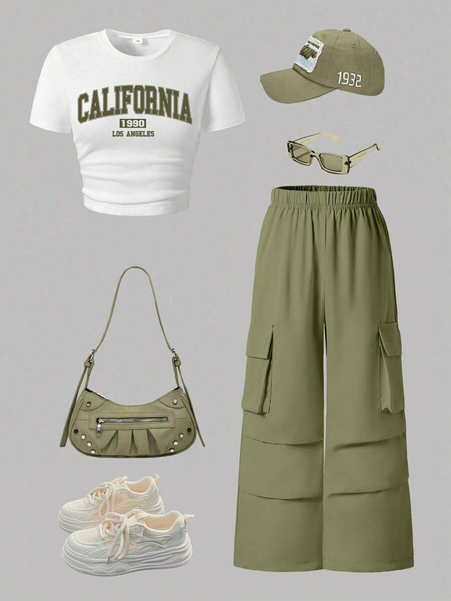 Conjunto de Top de manga corta con estampado de letras y pantalones cargo para niñas preadolescentes en verano