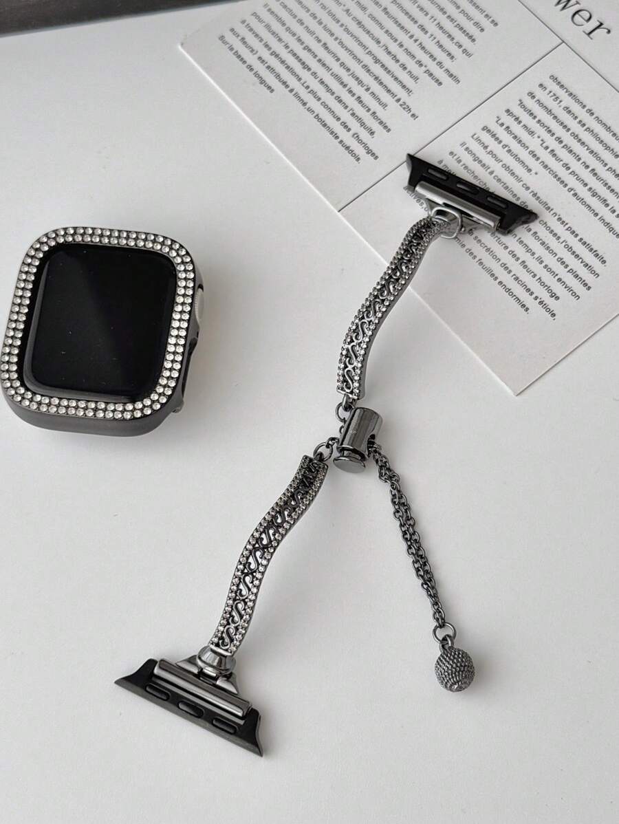 1PC Design Glitter Women's Zinc Alloy Double Row Rhinestone Watch Strap, Adjustable Length And Easy To Operate Adjustable Women's Watch Strap Compatible With Apple Watch 38/40/41/42/44/45/46/49mm, Suitable For Apple Watch Series Ultra/SE/10/9/8/7/6/5/4/3/2/1, Suitable For Giving Friends A Youthful And Fashionable Women's Smart Watch Strap (Strap Only, Watch And Case Not Included)