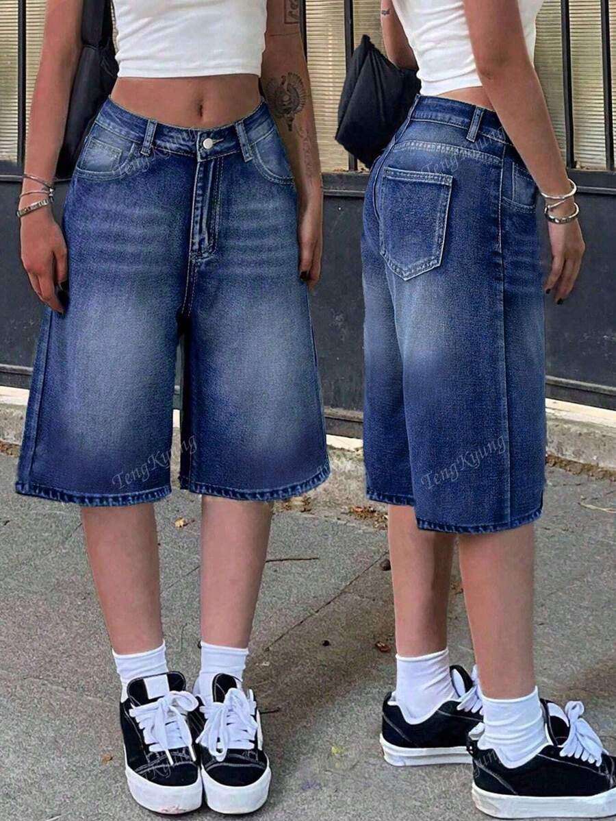 1 pièce Short en jean droit couleur unie décontracté pour femme, pantalon lâche élégant et polyvalent avec bouton et fermeture éclair, pour l'été/l'automne