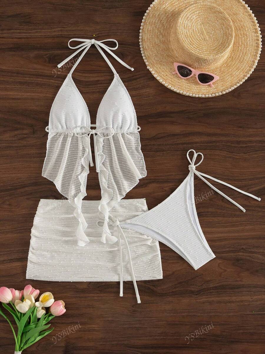 Women's Summer Beach Vacation Spaghetti Strap Backless Sexy Solid Color Special Fabric Side Tie Bikini 3 PiecesSwimsuit Set