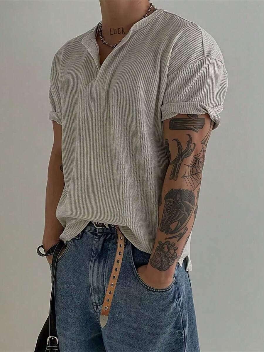 Fashionable Waffle Henley Collar Short Sleeved T-Shirt For Men's Summer American Retro Light And Thin Side Slit Bottom Top T-Shirt