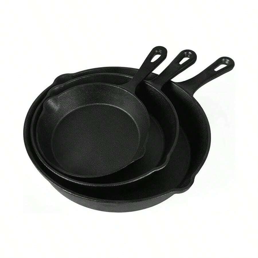 Non Stick Frying Pan Set, 3PCS Cast Iron Pan, Steak Skillet BBQ Induction Cookware Frypan, Kitchen Dinner Set Utensil Pans 17cm/21cm/27cm Dia.