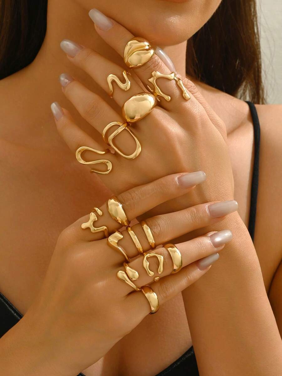 14pcs Irregular Hollow Round Smooth Gold Stackable Rings Set, Versatile Accessory Suitable For Any Occasion, High-End Matching Earrings, Perfect Romantic Gift For Women