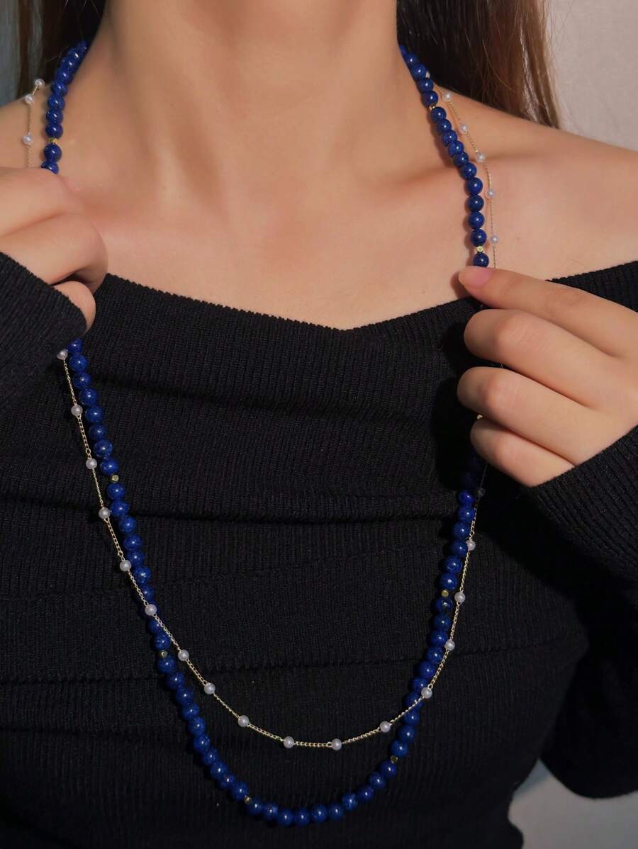2 pezzi Collana lunga di lusso minimalista e alla moda in lapislazzuli naturale, catena da maglione, collana e bracciale a doppio strato, adatta per uomo e donna, per uso quotidiano, vacanze, regalo per appuntamenti