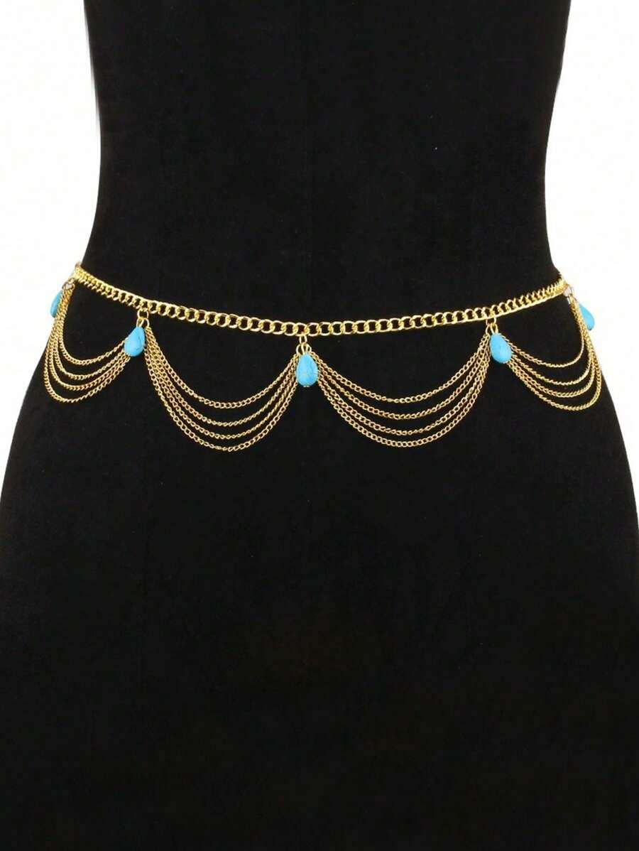 1 pieza Cadena de cintura con colgante de turquesa versátil y de moda estilo retro bohemio