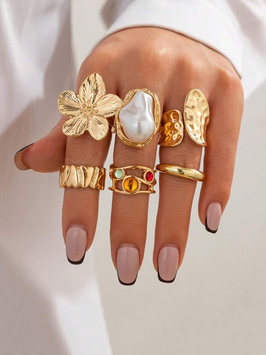 6pcs/Set Vintage Elegant Baroque Irregular Geometric, Floral Faux Pearl Colorful Faux Gemstone Textured Heart Metal Adjustable Rings Set, Suitable For Women's Daily And Party Wear, Gifts, All Seasons