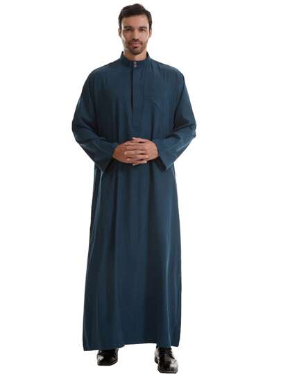 Men's Solid Color Crew Neck Robe, Traditional Arab Style