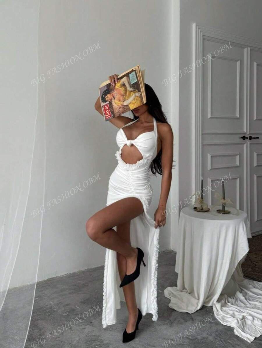 Vestido formal de fiesta elegante de unicolor con abertura en la espalda, bajo con volantes, adecuado para bodas y cenas formales
