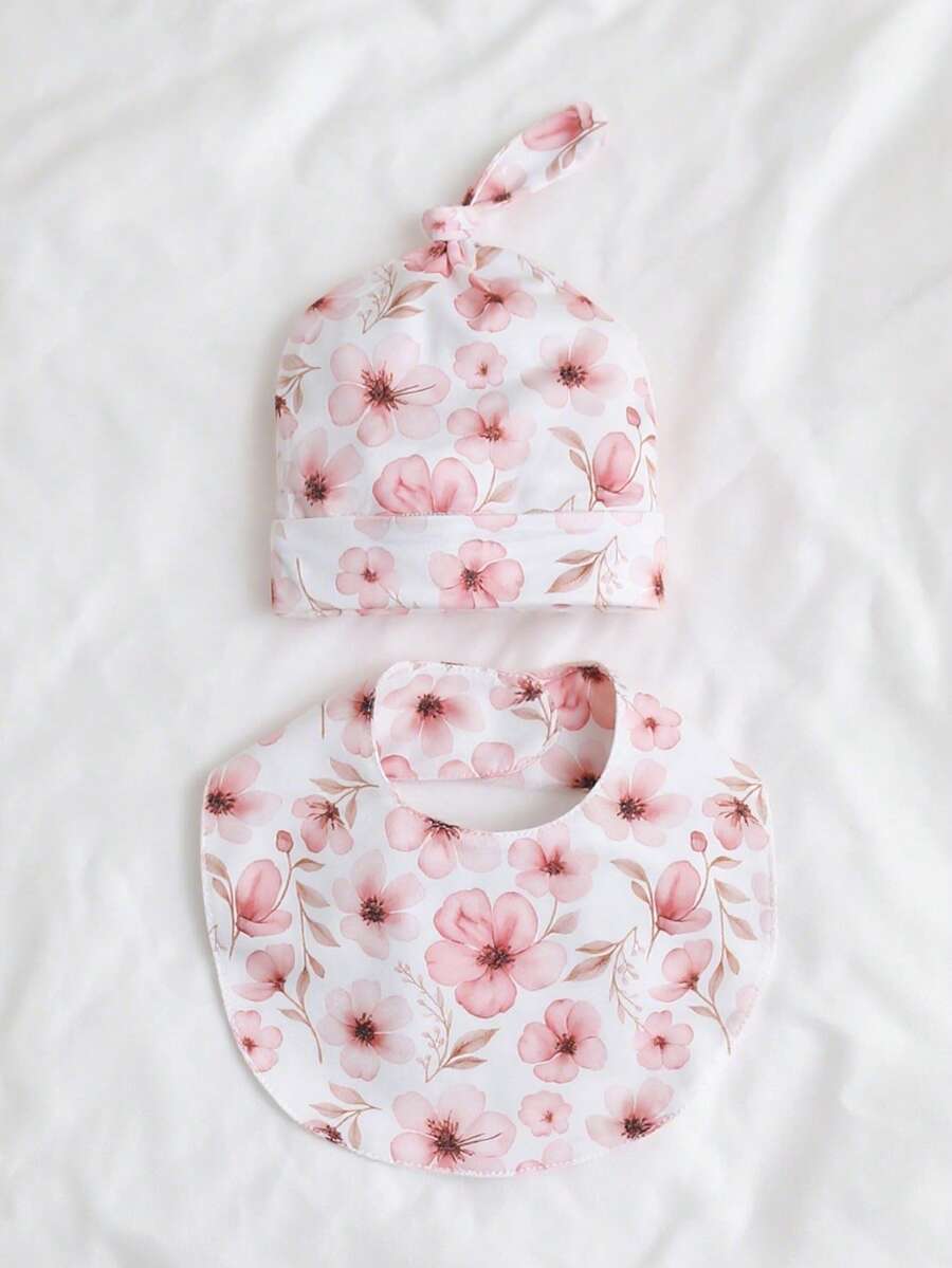 Set da 2 pezzi: Cappellino per bambini con motivo floreale a fiori di pesco rosa + bavetta sciarpa, adatto per bambini da 0 a 3 mesi, regalo perfetto per neonati