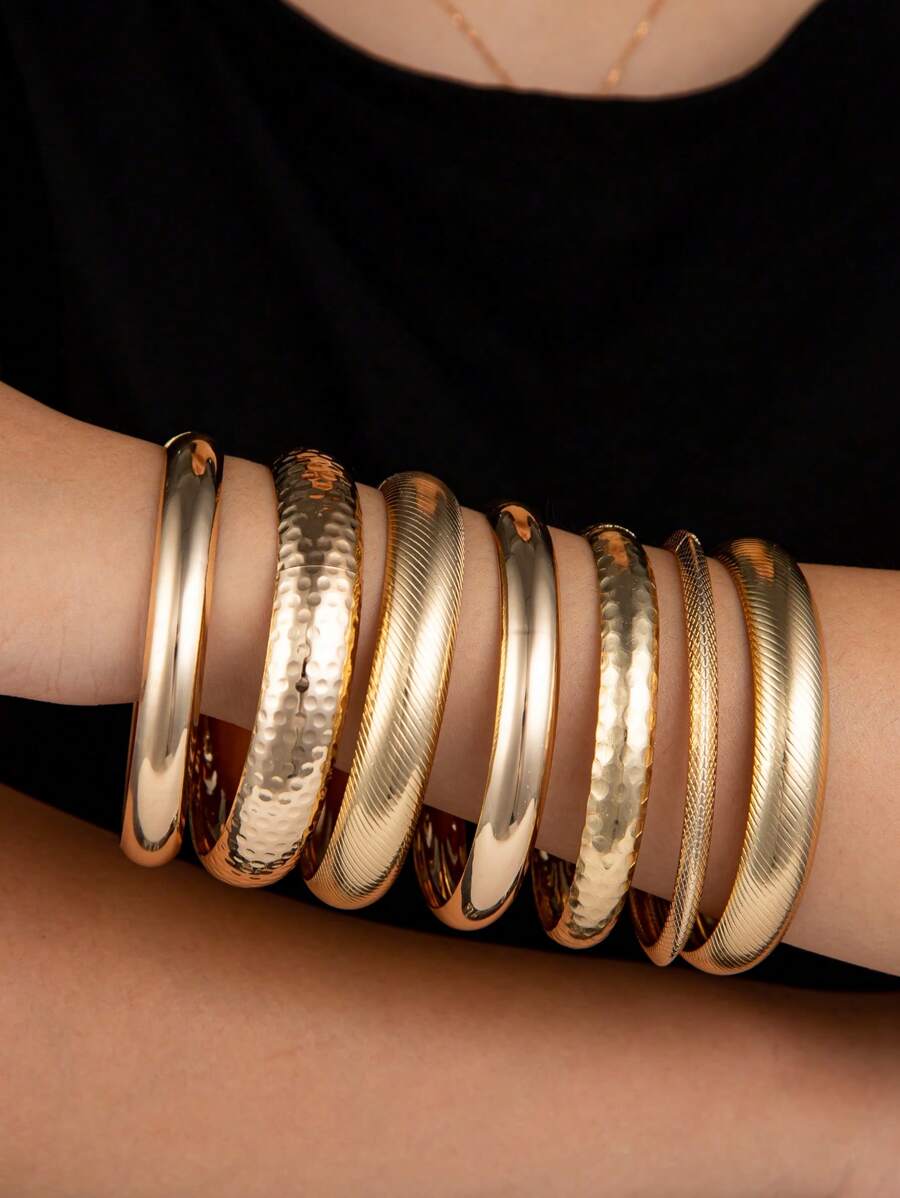 Set de 7 piezas de pulseras brazaletes con aros de metal gruesos, set de pulseras para mujer, conjunto de brazaletes apilados como joyería para mujeres, set de brazaletes con aros anchos