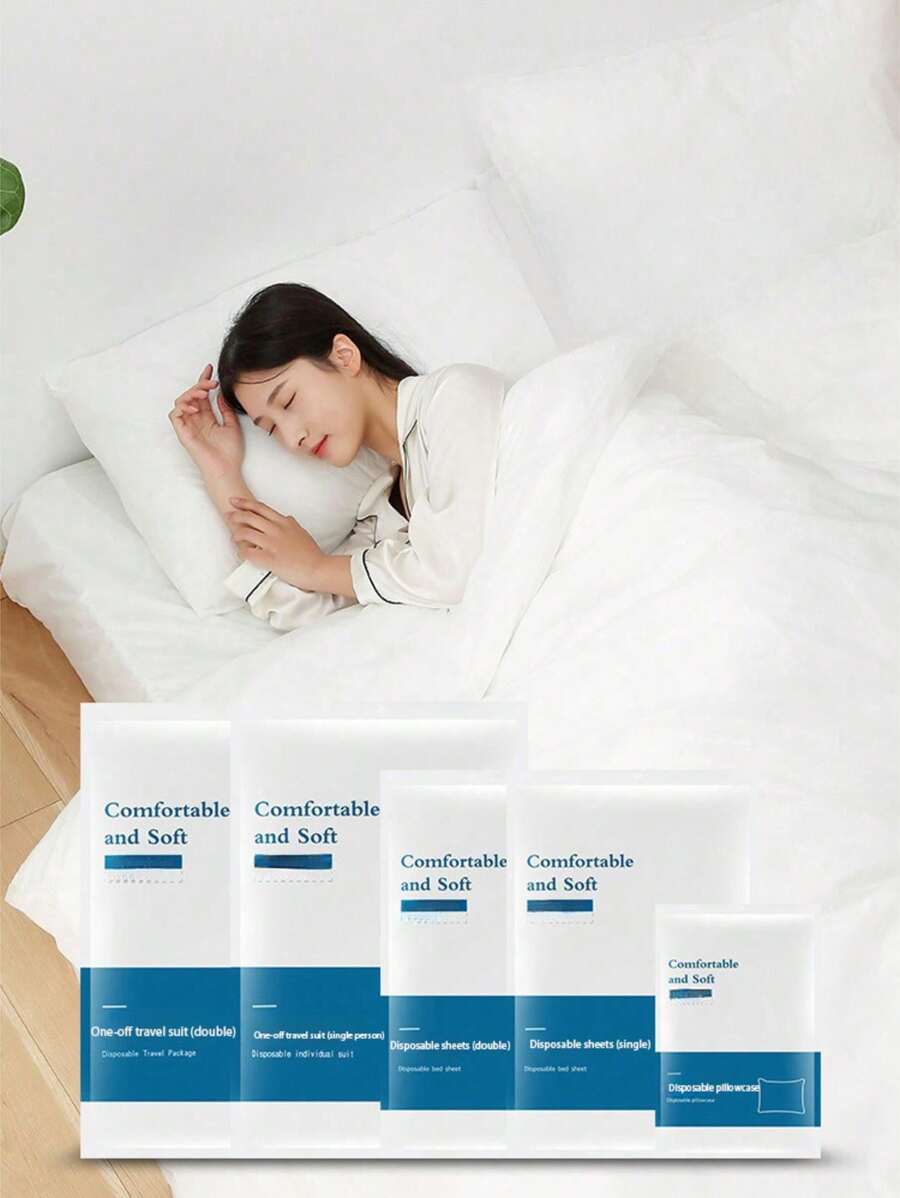 One-Piece Outdoor/Hotel Travel Supplies, Disposable Towel/Bath Towel/Bed Linen Set, Portable Style, Towel/Bath Towel/Bed Sheet Quilt Cover Double-Layer Pillowcase, White Set
