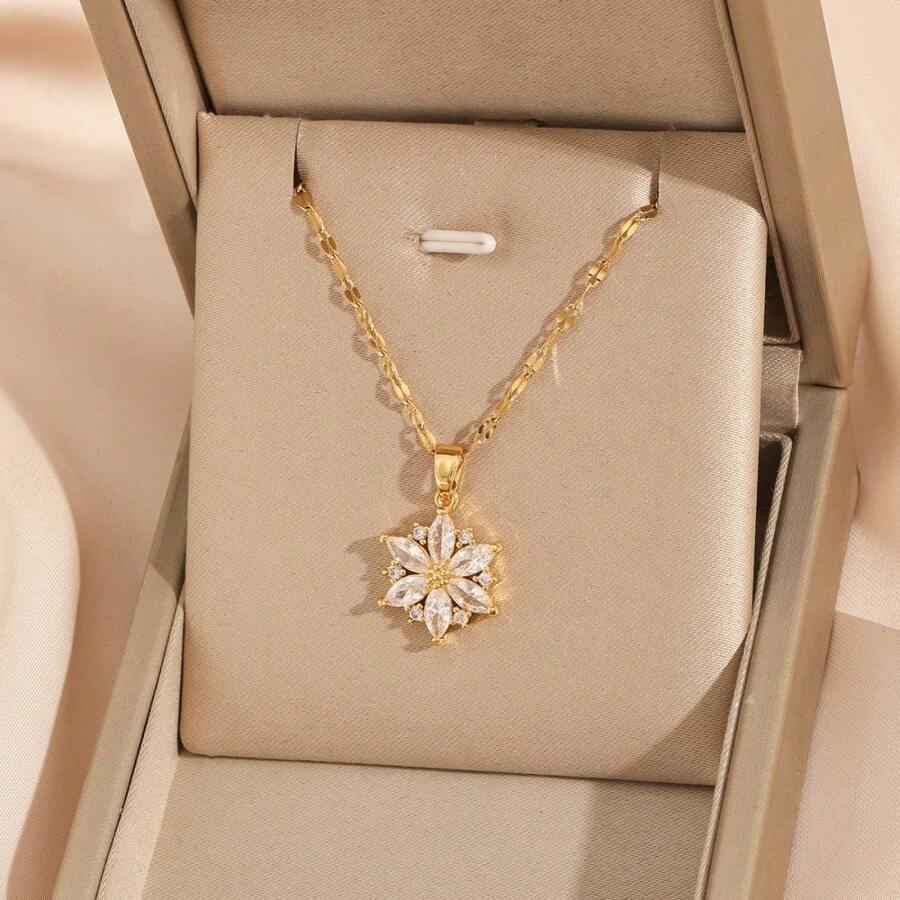 1pc Women's Fashionable Gold Necklace, Korean Version Titanium Steel Lip Chain, Pink Cherry Blossom Necklace, Mori Style Snowflake Collarbone Chain Jewelry
