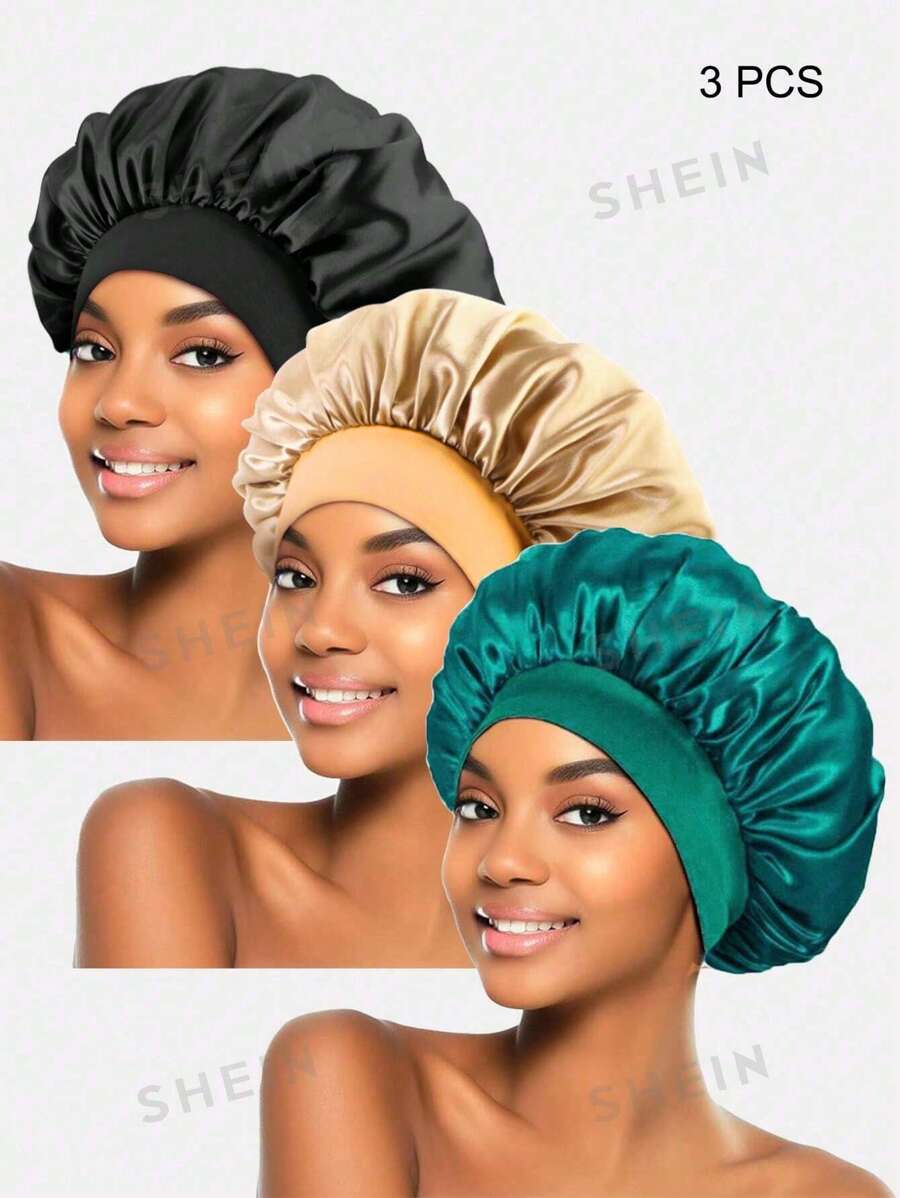 3 Peças Touca/Touca de Dormir de Cetim Colorida de Aba Larga Feminina, Adequada para Uso Diário