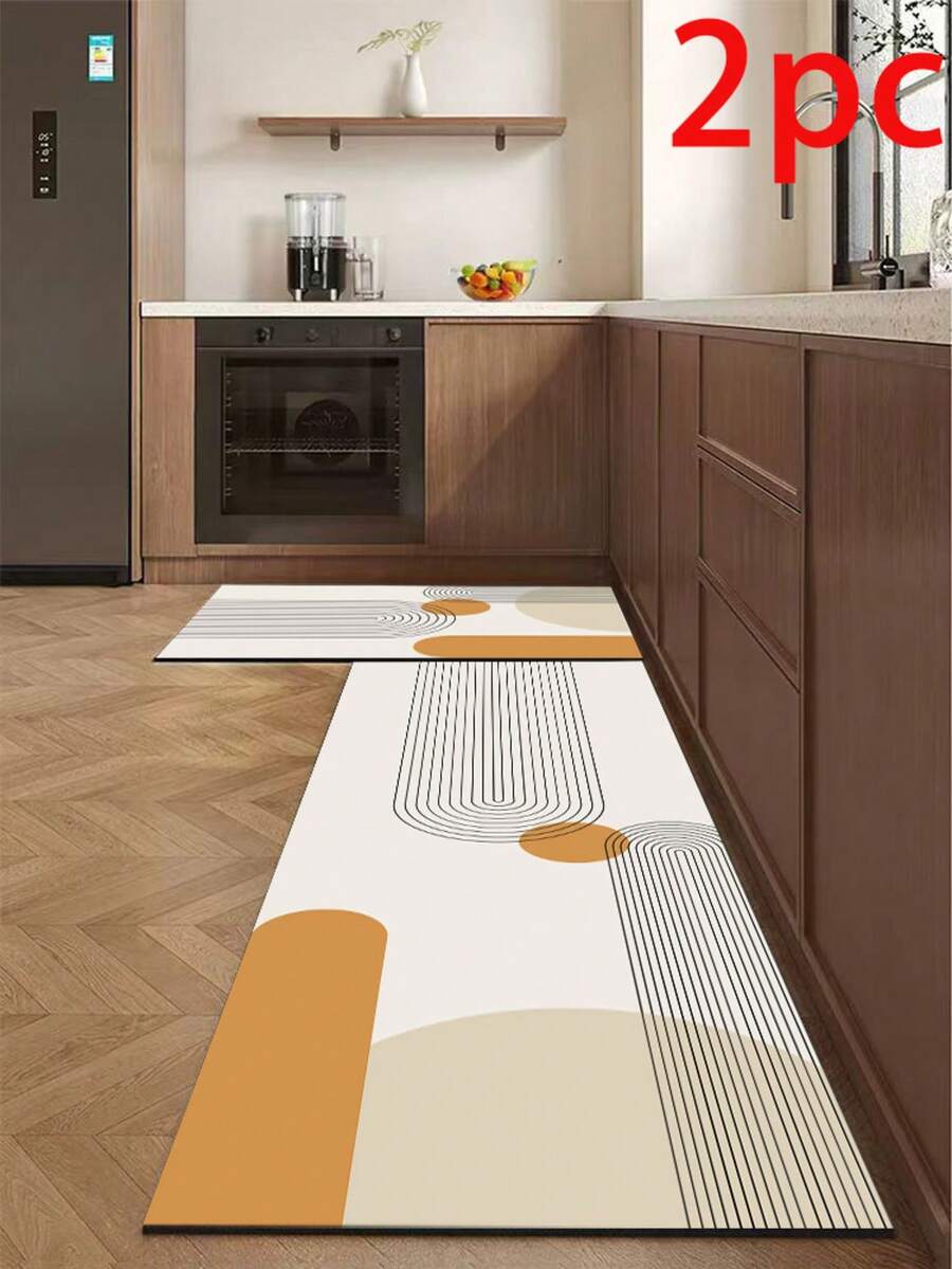 1pc Silica Gel Kitchen Mat, Modern Minimalist Geometric Lines & Color Block Pattern. White Base With Black Curved Lines In Rhythmic Design, Luxury & Fashionable Kitchen Carpet, Cushioned Anti-Fatigue, Surface Fabric, Middle Sponge Absorbent, Bottom Rubber Non-Slip, Approx. 3mm Thickness