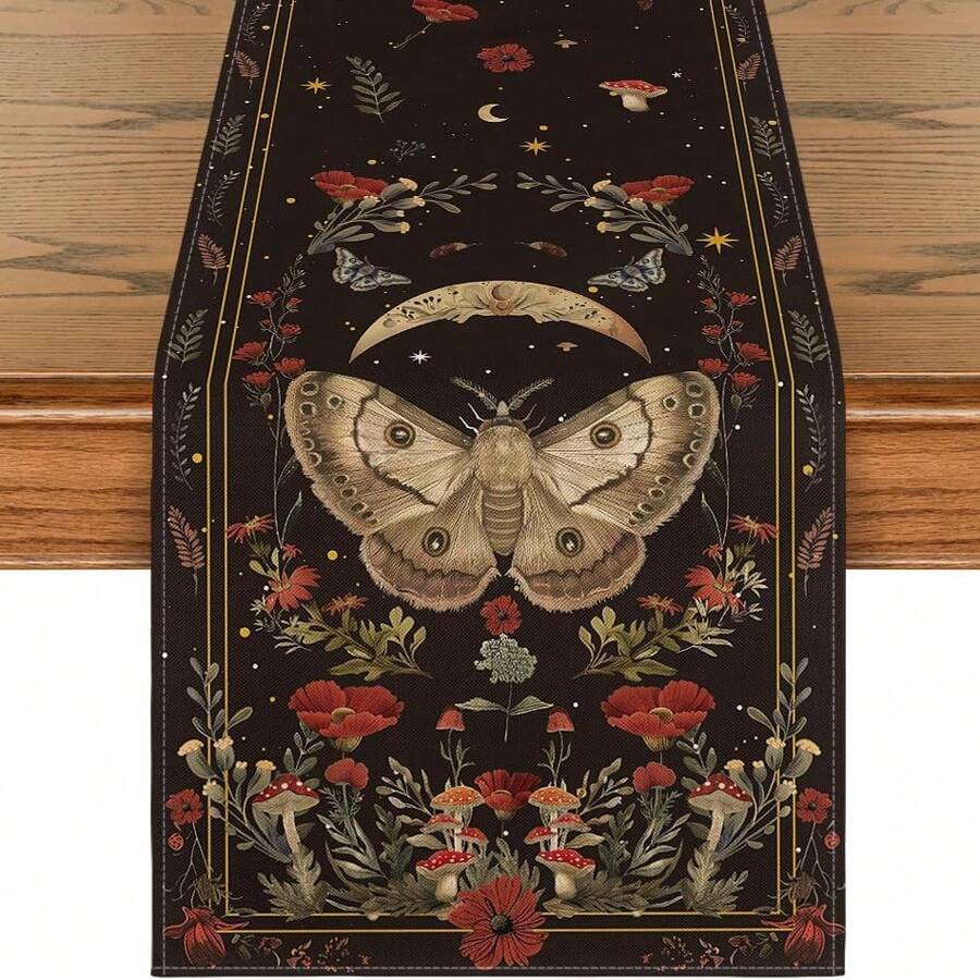 Black & Beige Poppy Moth Mushroom Moon Autumn Table Runner, Seasonal Fall Kitchen Dining Table Decor For Home Party