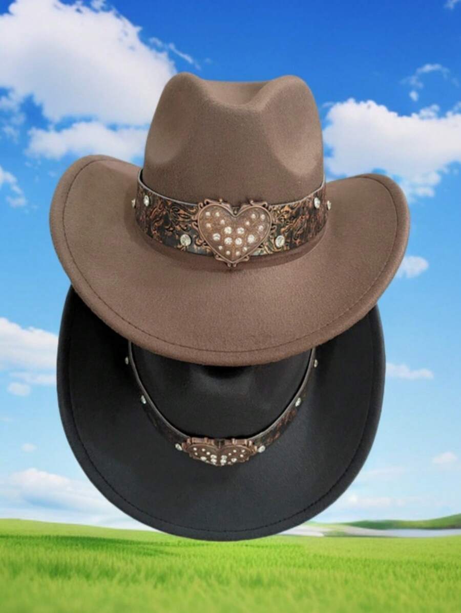 1 pièce Chapeau melon en feutre avec un cœur en métal et des cristaux, élégant et convenant pour les voyages, les fêtes, les soirées de cowboy western et l'usage quotidien pour Halloween et la Saint-Valentin
