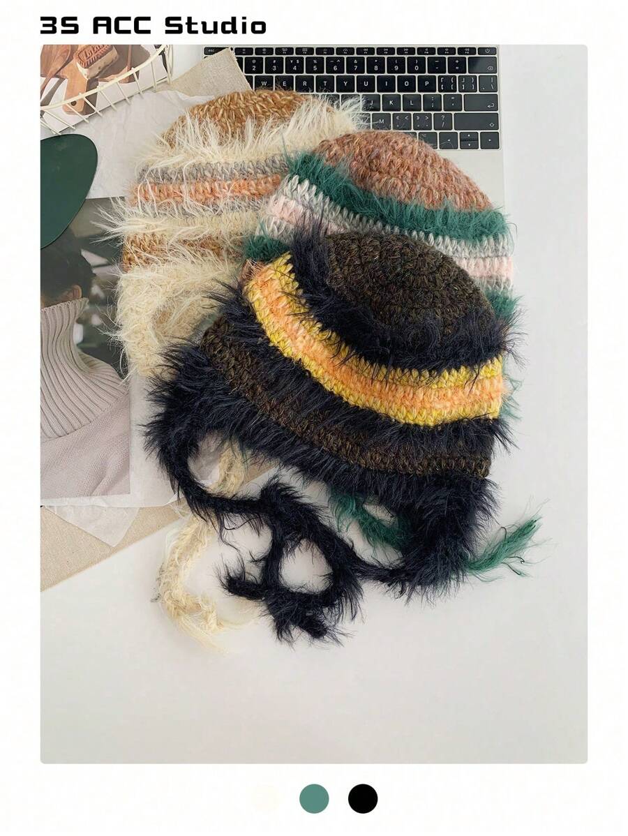 1buc drăguț corn de diavol Y2K colorblock cu dungi Fuzzy Earmuff tricot pălărie beanie, căciulă caldă de pluș cu cravată, balaclava
