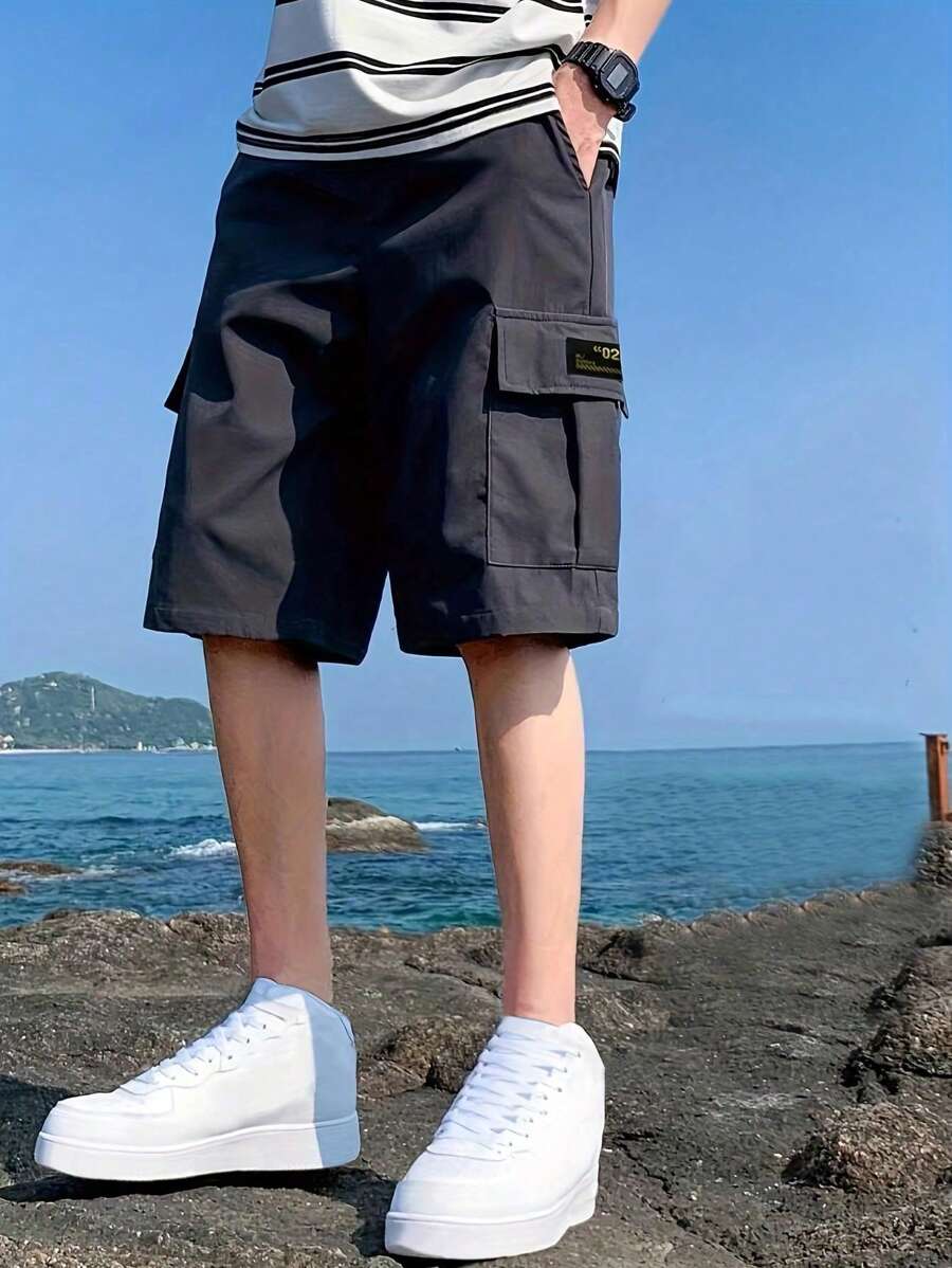 1pc Teen Boy Casual Outdoor Pocket Fashionable Simple Cargo Shorts, Spring & Autumn
