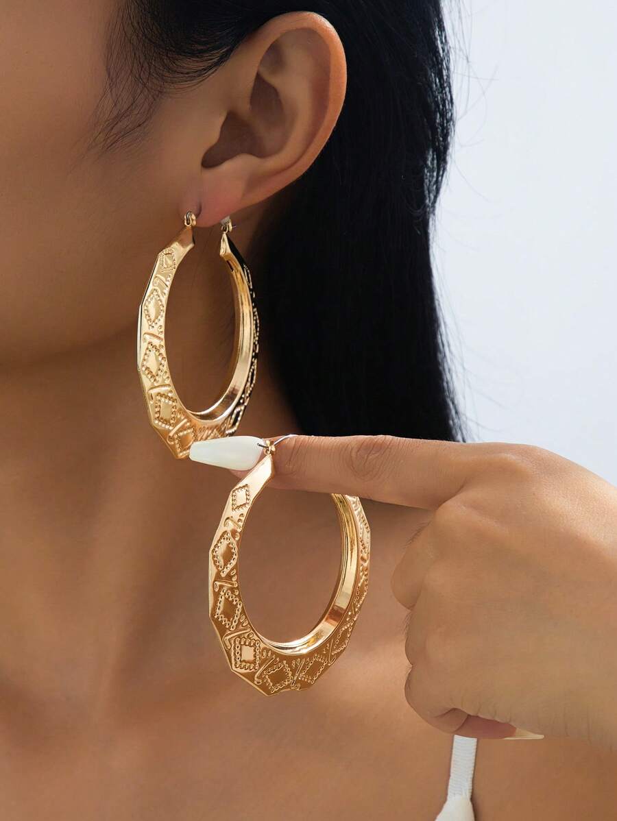 1 Pair Exaggerated Hiphop Boho Style Metal Rhombus Decor Round Earrings, Suitable For Women Daily Wear, Diameter 2.52in