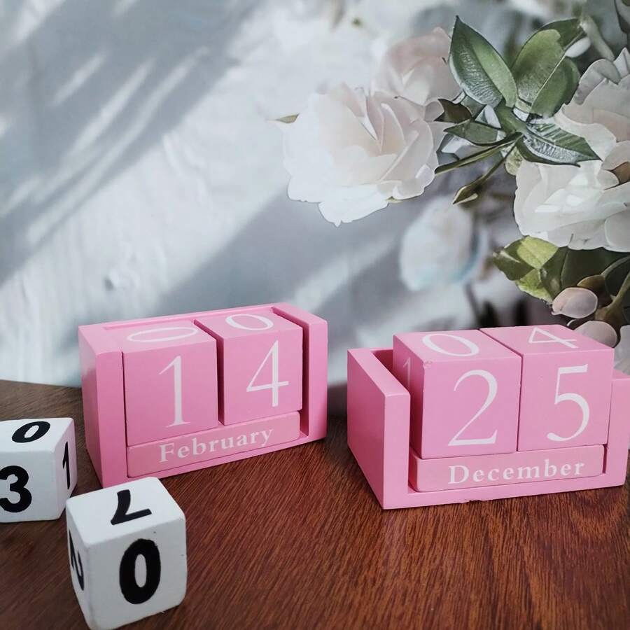 1 pièce Calendrier perpétuel rose en bois, bloc d'affichage de la date et du mois, peut être ajusté. Très adapté à la décoration de bureau, d'entrée, de boutique, de bar, d'usage quotidien.