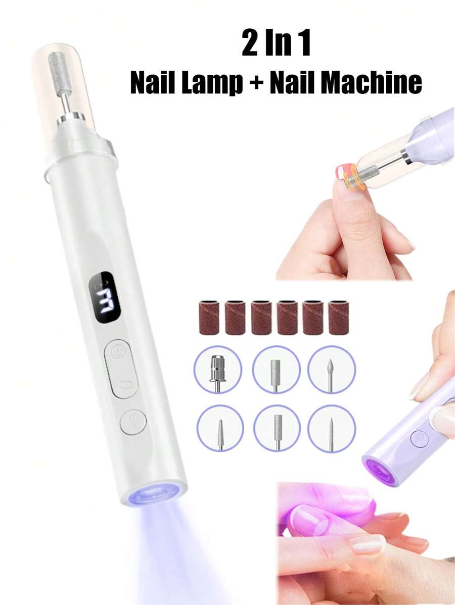 2 In 1 Electric Nail Grinder With Nail Lamp Multifunctional Portable Nail Machine Kit Manicure Tools Quick-Drying Nail Polisher Manicure Nail Drill Bits Tool Electric Nail Polisher, 180mAh