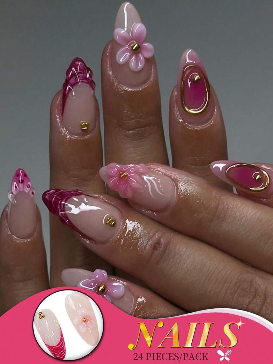 Una caja de 24 uñas medianas de almendra, con flores 3D rosas y detalles degradados en oro rosa, exudando un ambiente dulce y elegante. Conjunto de uñas postizas con lima de uñas y pegamento de gelatina, perfecto para todas las mujeres, ideal para uso diario, fiestas y ocasiones especiales, agregando un toque de suave a tus dedos.