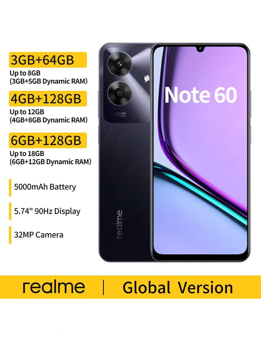 Realme Note 60 Global Unlocked Smartphone With Unisoc T612 Octa-Core Chip6.74" 90Hz HD+ Eye Comfort Display,5000mAh Long-Lasting Battery, 32MP Super Clear Camera&IP64 Dust/Water Resistance,3GB+64GB/4GB+128GB/6GB+128GB(Black/Blue)