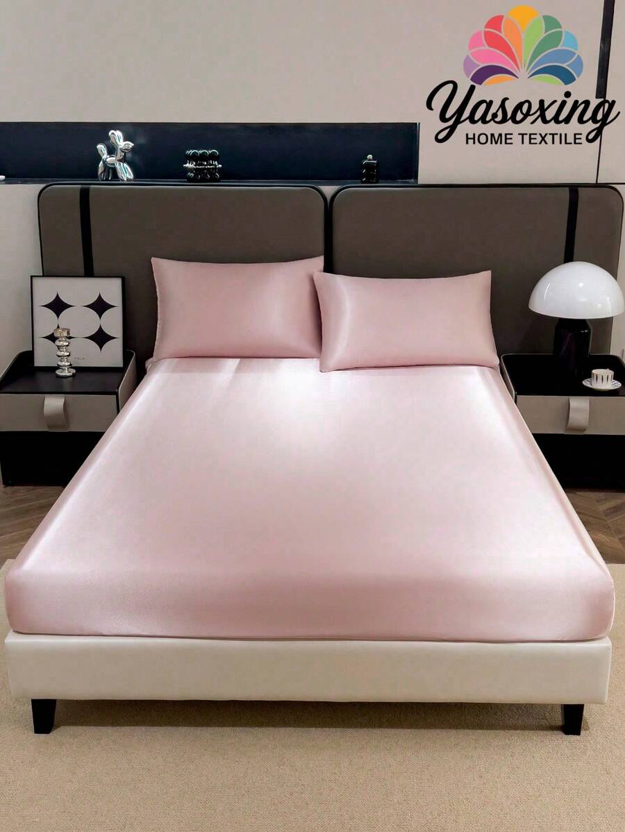 3pcs Solid Color Light Pink Satin Fitted Sheet Set Simulation Silk Fitted Sheet Set With 1pc Fitted Sheet+2pcs Pillow Case Without Filler, Modern Soft Bedding Set For Household Sheet Deep Pocket Up To 13.8 Inch Satin Pillowcase, Soft Breathable Wrinkle-Free Better For Sleep, Luxury Hotel Style, Gift For Mom Dad Friend Domitory Bedding Back School Bedding