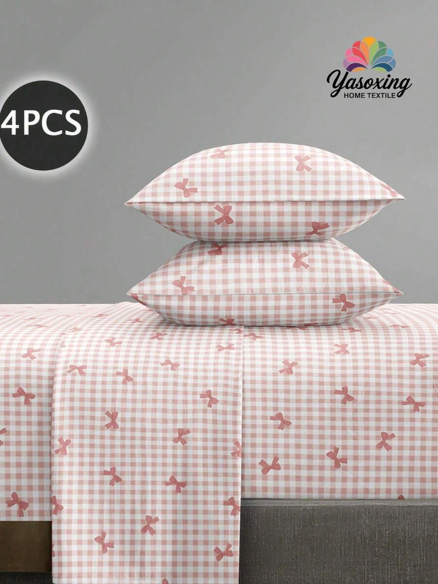 4pcs/Set Pink Plaid Bow Knot Pattern Sheet Set Easy Care Microfiber Soft Bedding Set Floral Fitted Sheet Set (1pc Flat Sheet+1pc Fitted Sheet+2pcs Pillowcases) Fitted Sheet Set King Queen Full TWIN SIZE Sheet Deep Pocket Up To 11.8 Inch Pillowcase, Soft Breathable Wrinkle-Free Better For Sleep, Luxury Hotel Style, Gift For Mom Dad Friend Domitory Bedding Back School Bedding