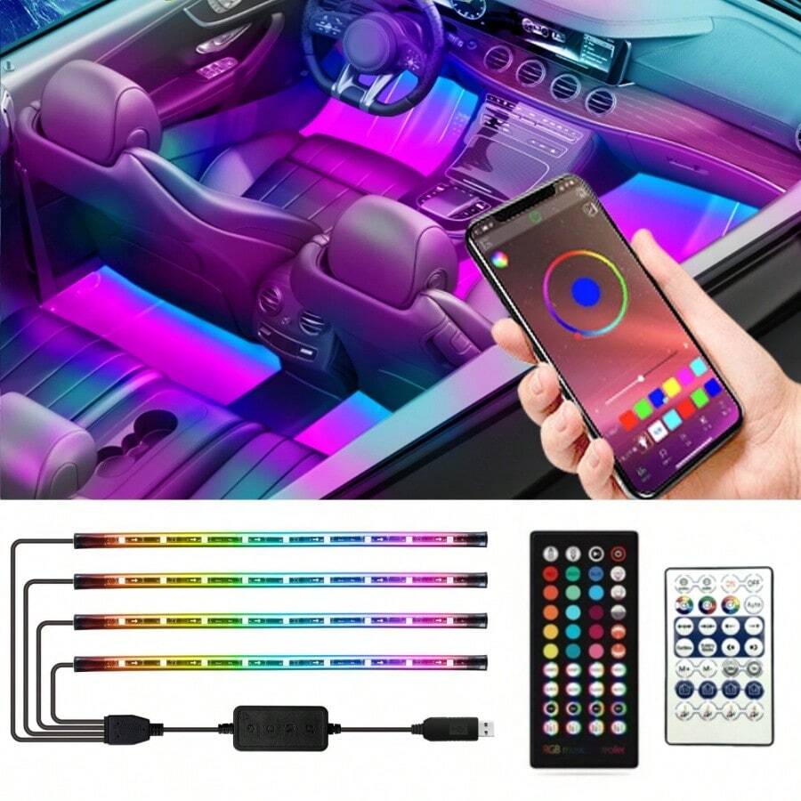 Car LED Lights Smart Interior Lights With App Control 72 LED 16 Million Colors With APP And Remote Control Music Sync Color Change RGB For LED Lighting Kits For Car With Car Charger DC 12V Car Accessories Car Must Haves Accesorios Para El Carro Car Decor