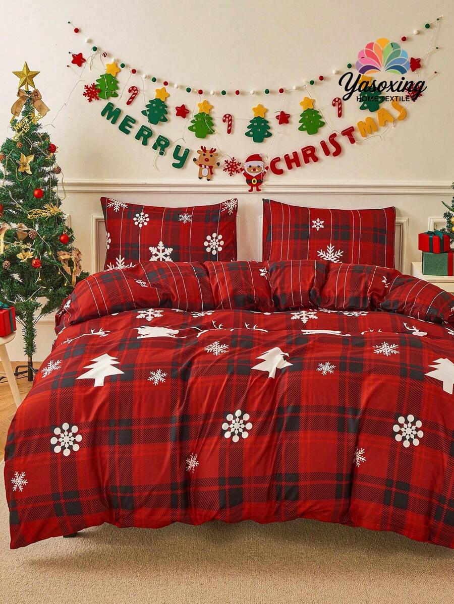 3pcs Christmas Red Plaid & Snowflake Pattern Printed Polyester Duvet Cover Set