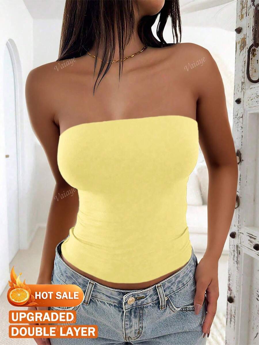 Camiseta sin tirantes básica de ajuste elástico y ceñido de color amarillo mantequilla para uso en todas las estaciones, diseño de moda de verano para el 4 de julio