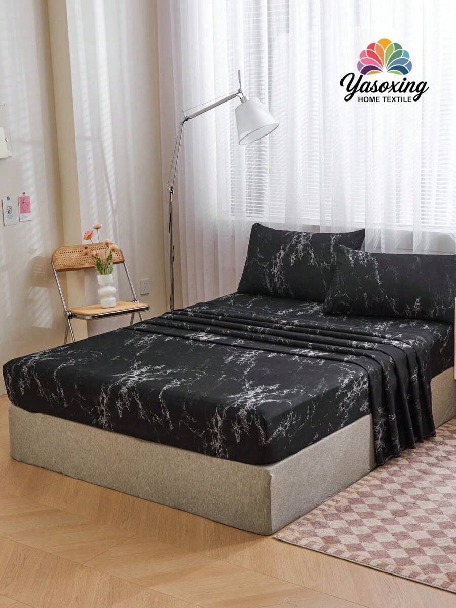 Juego de sábanas de 4 piezas con estampado de mármol negro, incluye 1 sábana ajustable, 1 sábana plana, 2 fundas de almohada (sin incluir el relleno de la almohada). Juego de sábanas de lujo para cama King, Queen, Full o TWIN. Sábanas con bolsillo profundo de hasta 11.8 pulgadas, suaves, transpirables y sin arrugas para un mejor descanso, con estilo de hotel de lujo, ideal como regalo para mamá, papá o amigos.